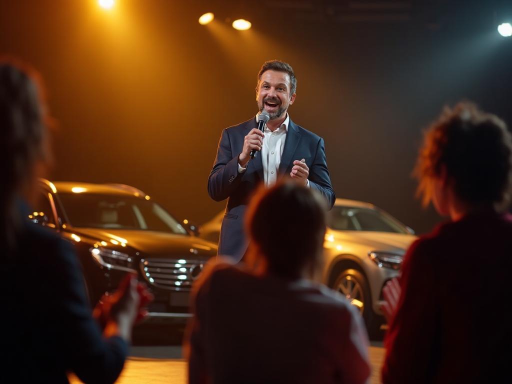 Comedian auf der Bühne im Autohaus